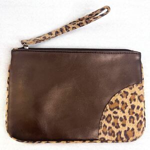Neiman Marcus Cheetah Brown Leather Wristlet Clutch Lagenlook Chic Minimalist